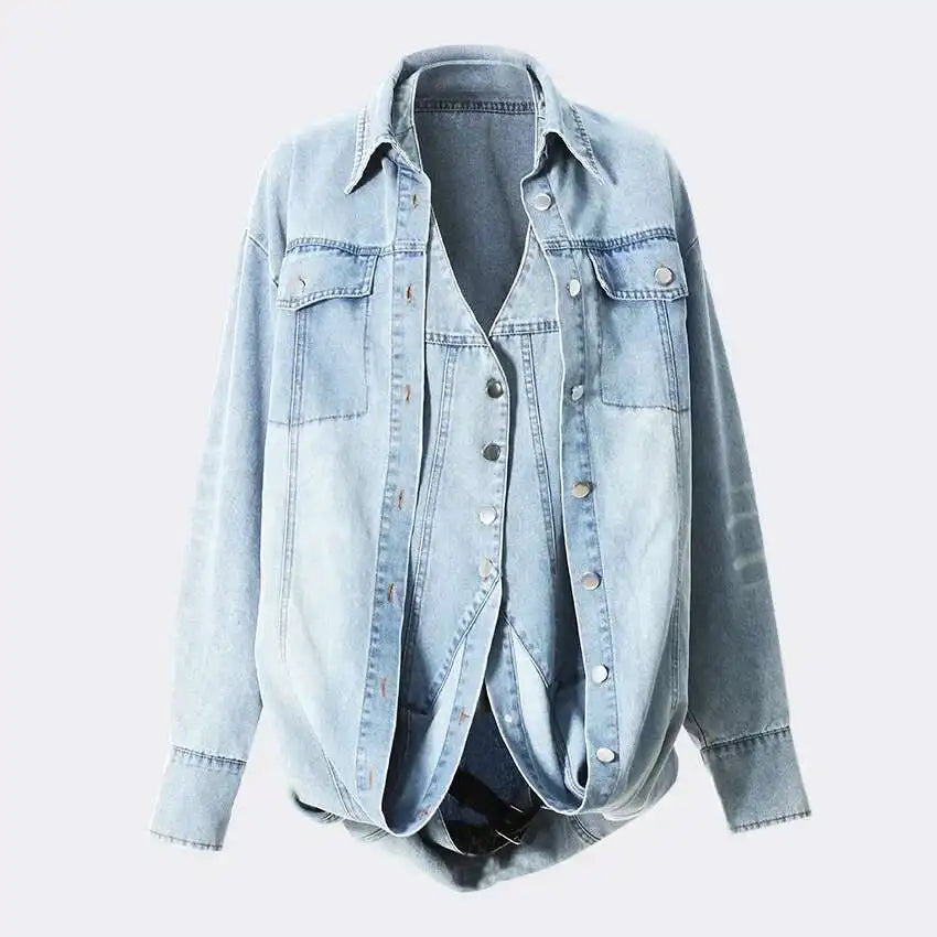 Deat Spliced Belt Denim Coat