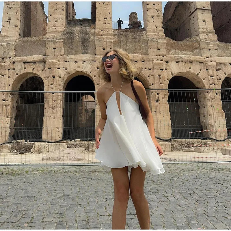 Chic Backless Pleated Tie Mini Dress