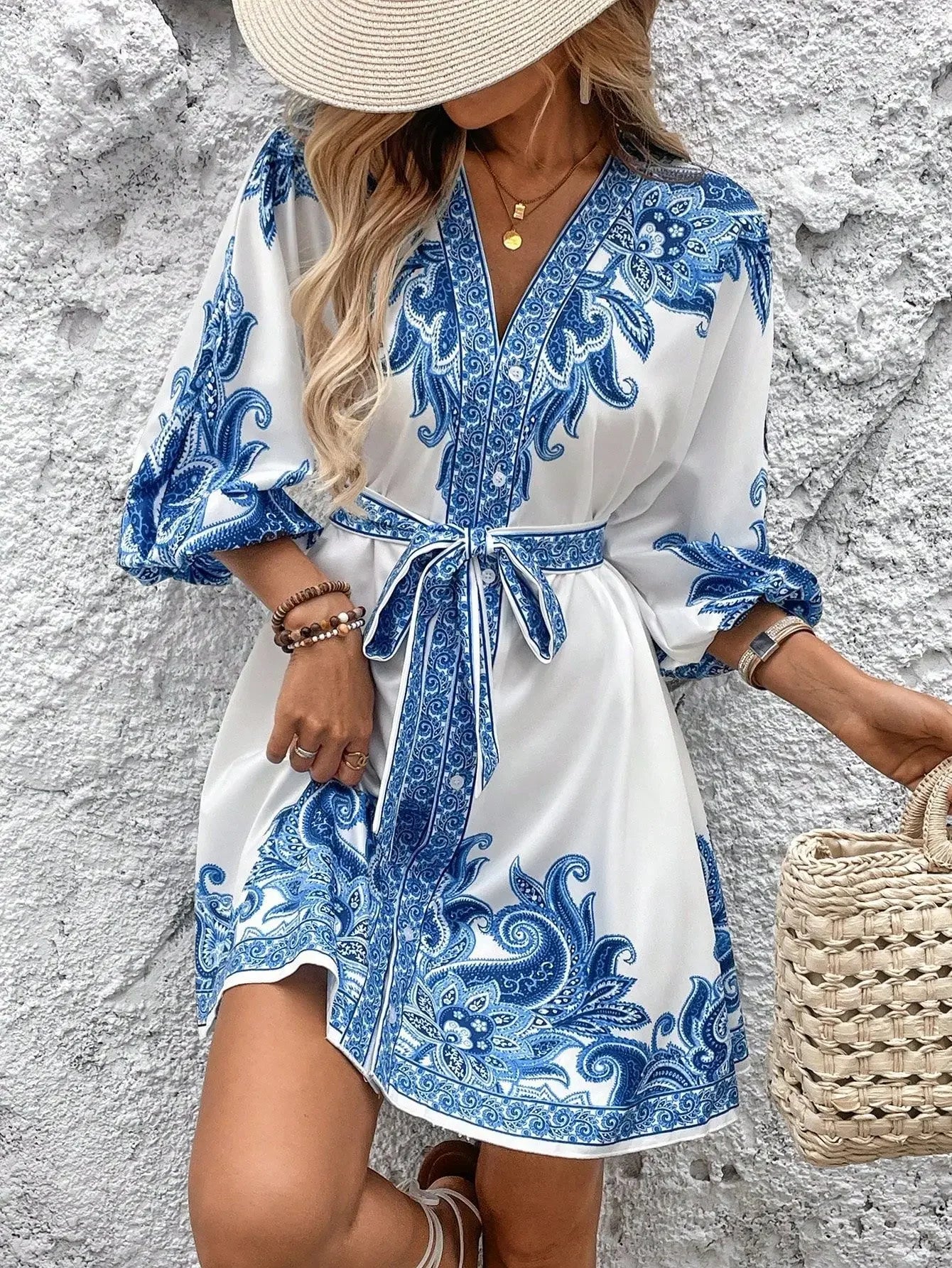 Golden Breeze V-Neck Tie Dress