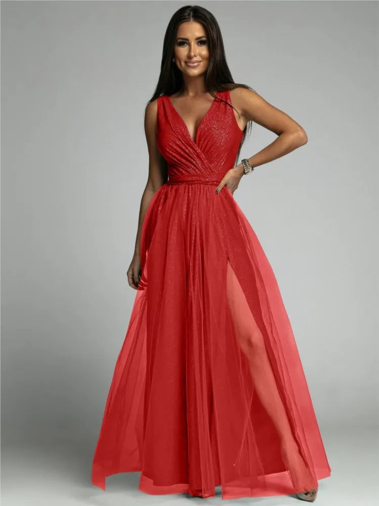 Elegant Mesh V-Neck Slit Dress