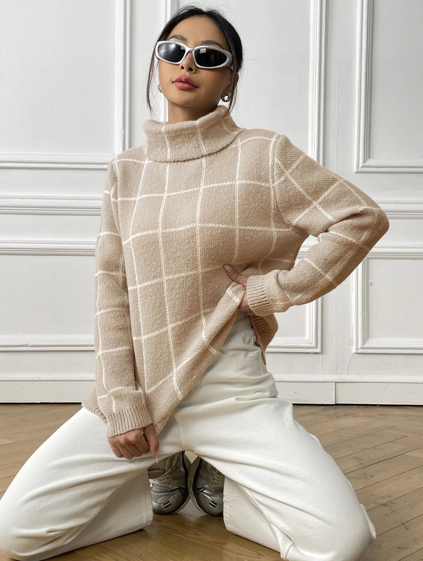 Plaid Muse Turtleneck Knit Sweater