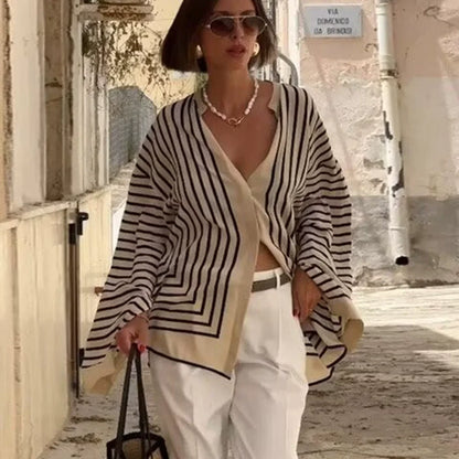 Striped Silk Flare Sleeve Blouse