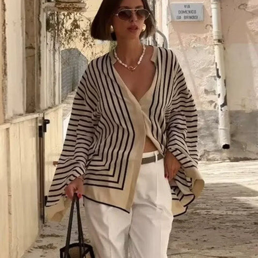 Striped Silk Flare Sleeve Blouse