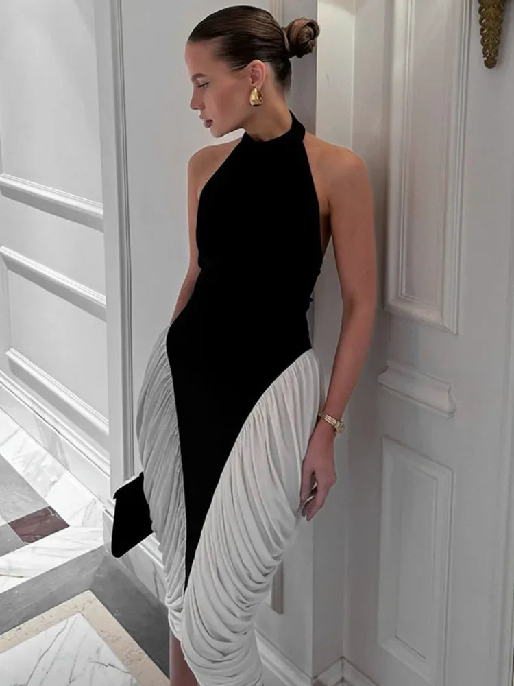 Elegant Patchwork Halter Midi Dress