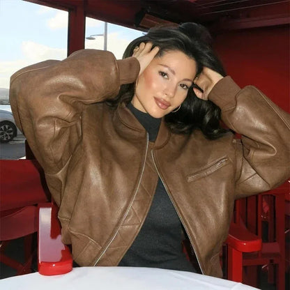 Vintage O-Neck Leather Jacket