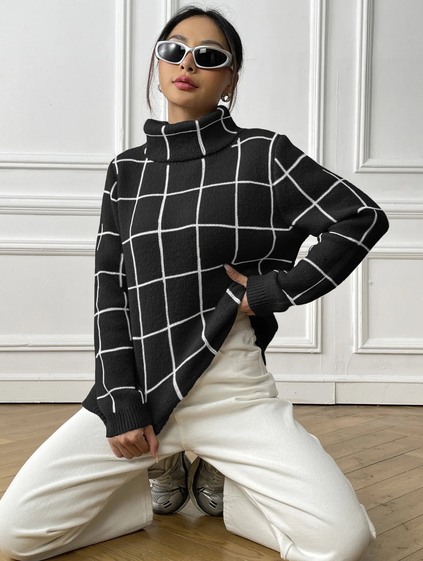 Plaid Muse Turtleneck Knit Sweater