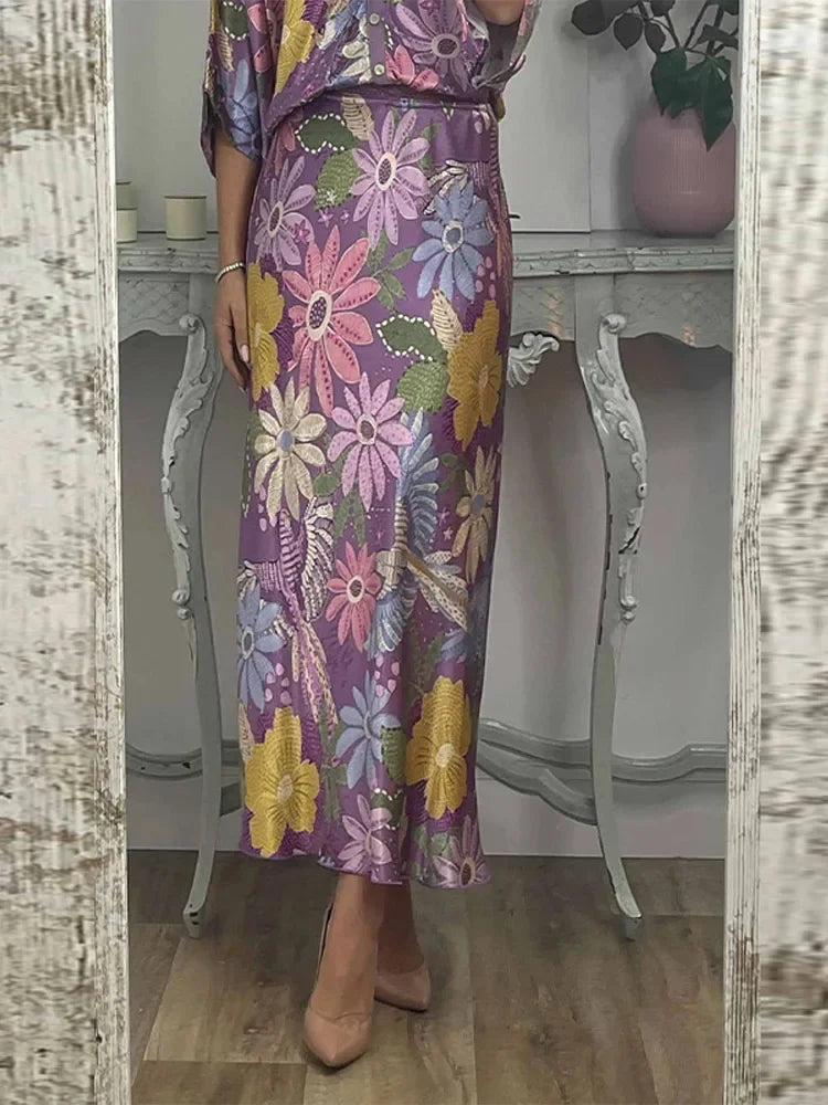 Sophisticated Printed V-Neck Skirt Set