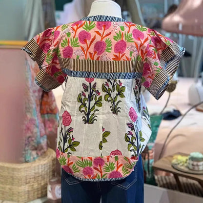 Floral Splice V Neck Casual Tee