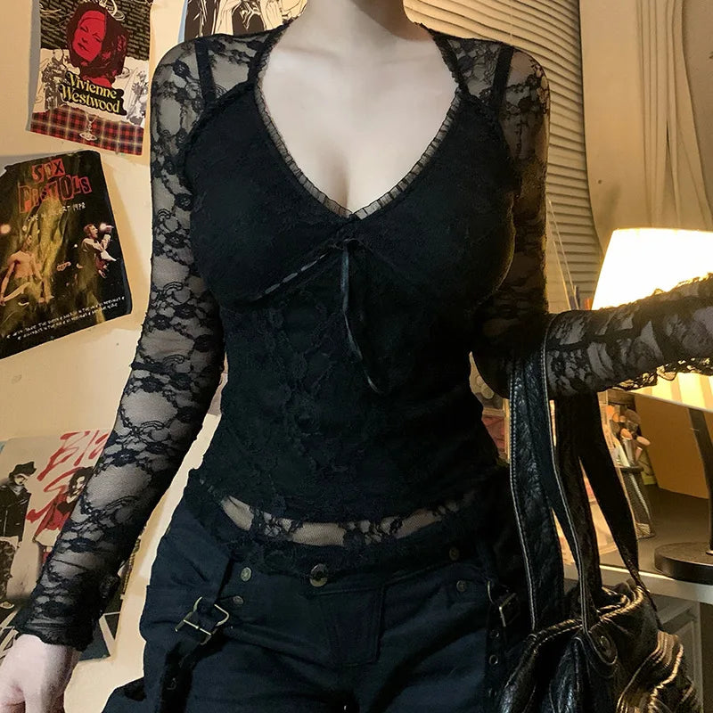Goth Lace Sheer Patchwork Crop Top