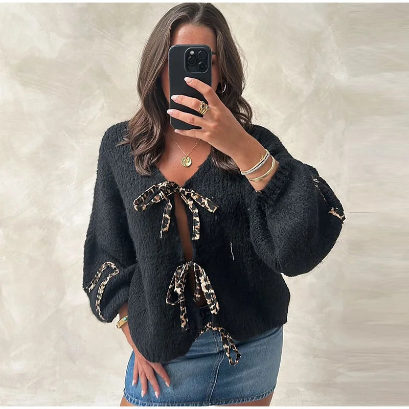 Leopard Lace-Up V-Neck Cardigan