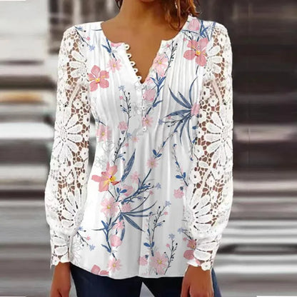 Sexy Lace V-Neck Pleated Blouse