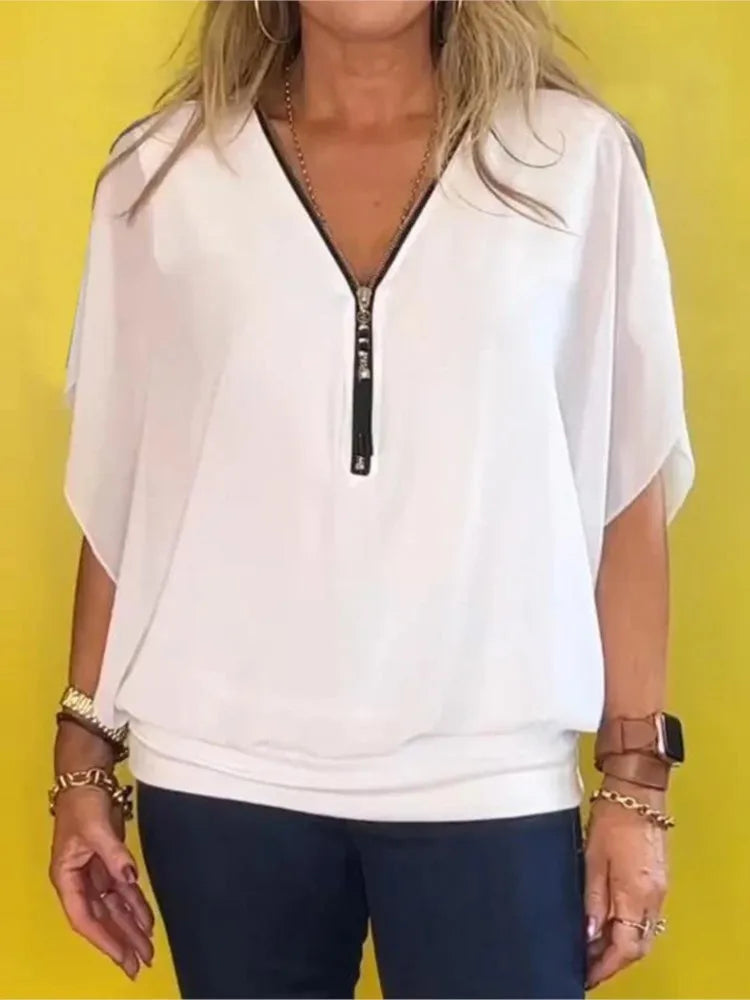 White Chiffon Batwing Sleeve Blouse