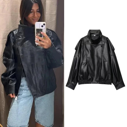 Women's Faux Leather Jacket – Loose Fit Stand Collar Winter Coat