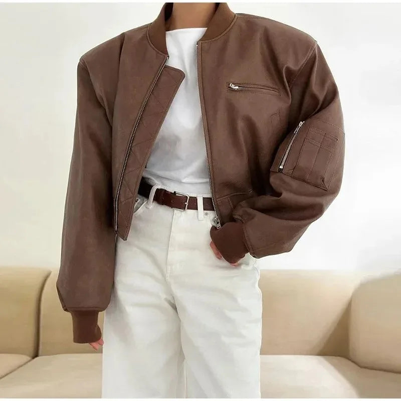 Vintage O-Neck Leather Jacket