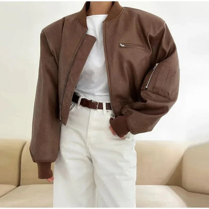 Vintage O-Neck Leather Jacket
