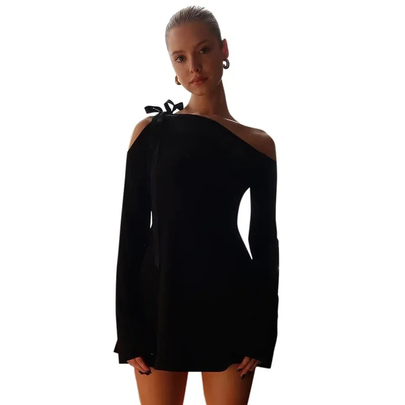 Autumn Slant Collar Dress — Stylish Full Sleeve Mini