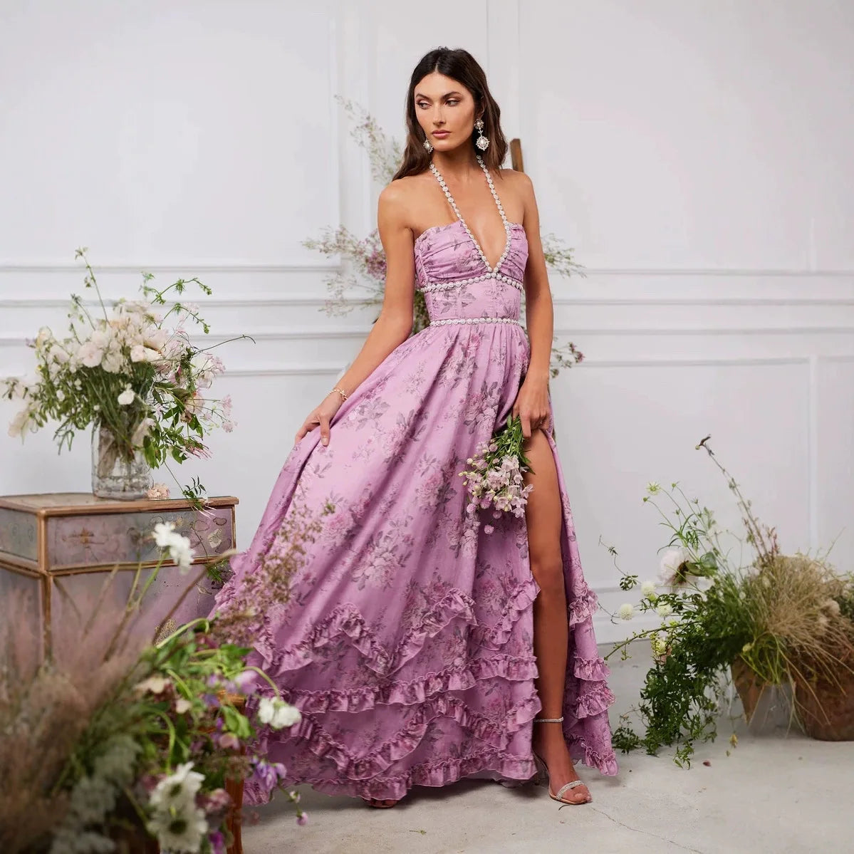 Floral Elegance Halter Maxi Dress