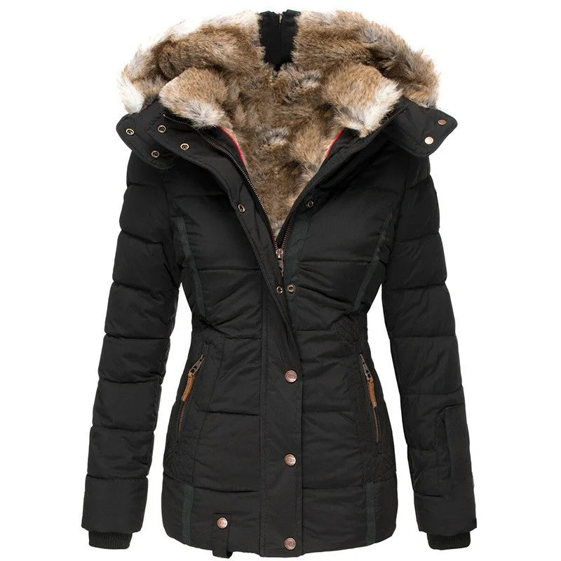 Autumn Winter Plush Lining Hooded Cotton Jacket