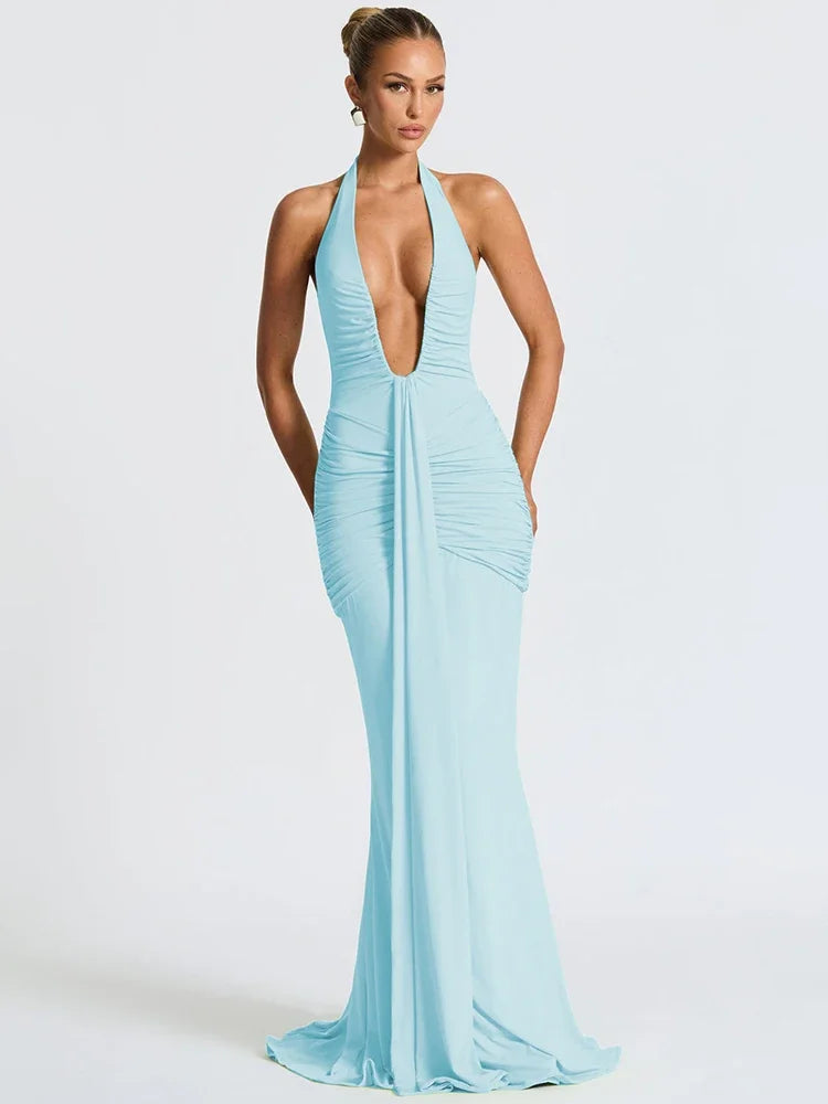 Sultry Backless Draped Maxi Dress