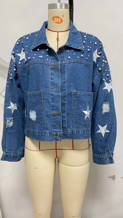 Glam Starry Beaded Denim Jacket