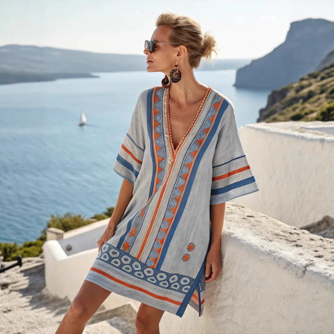 Coastal Bloom V-Neck Holiday Dress