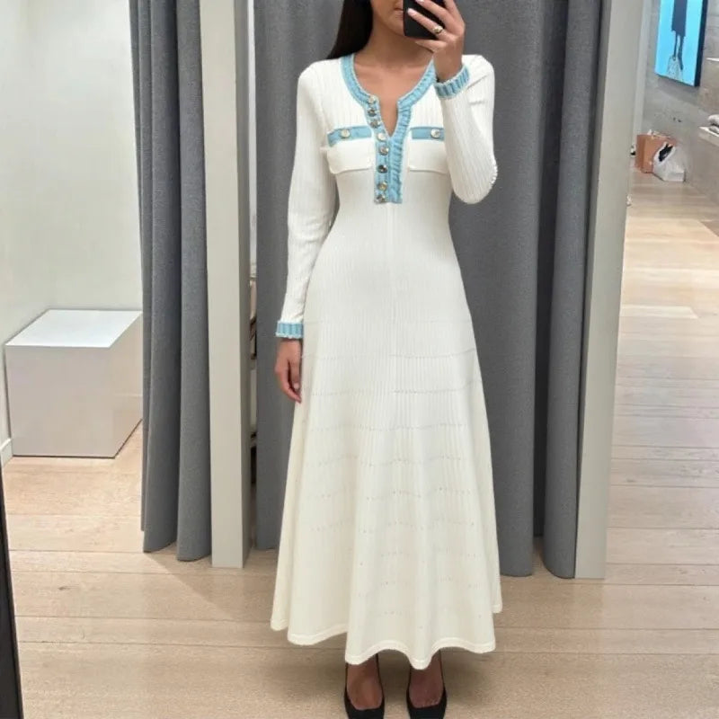 Slim Swing Maxi Dress — Knitted Denim Long Sleeve