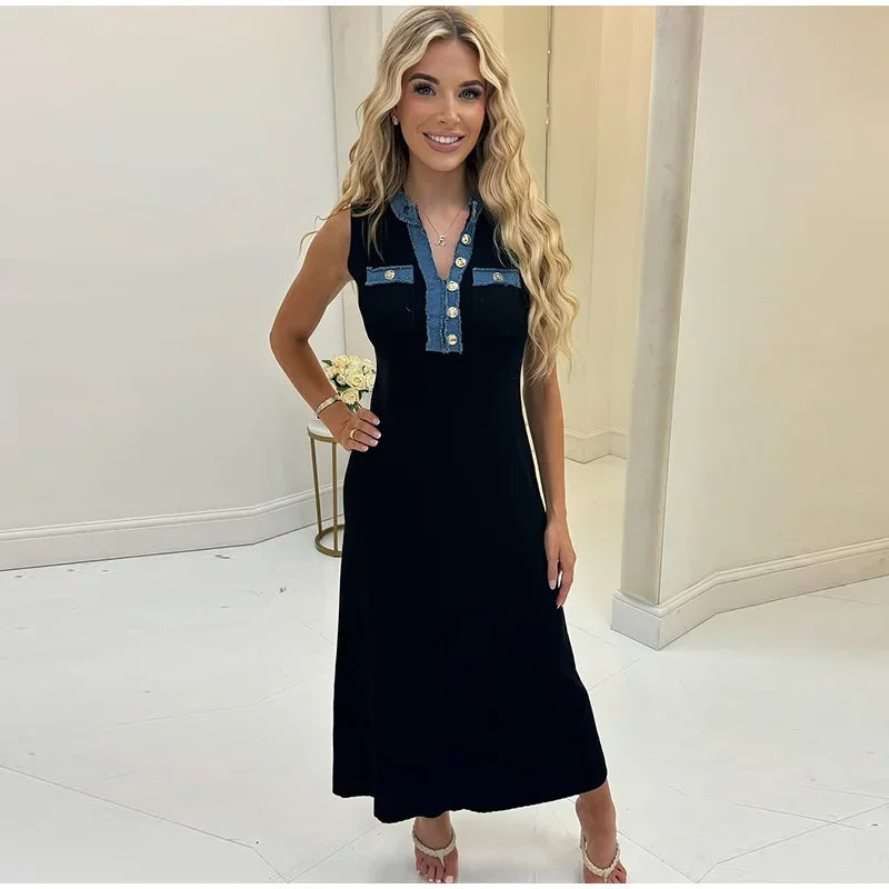 Elegant Knit Denim Splice Midi Dress