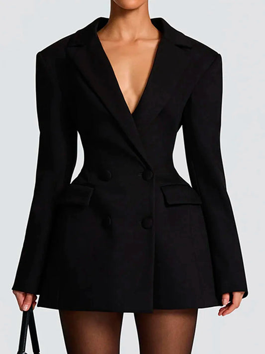 Women’s Notched Blazer Dress – Double Breasted Office Coat
