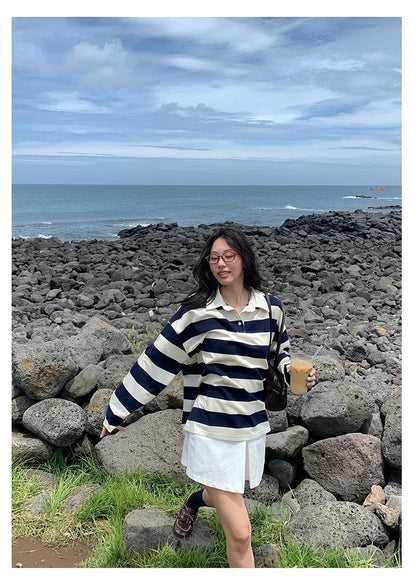 Loose Fit Striped Polo Sweatshirt