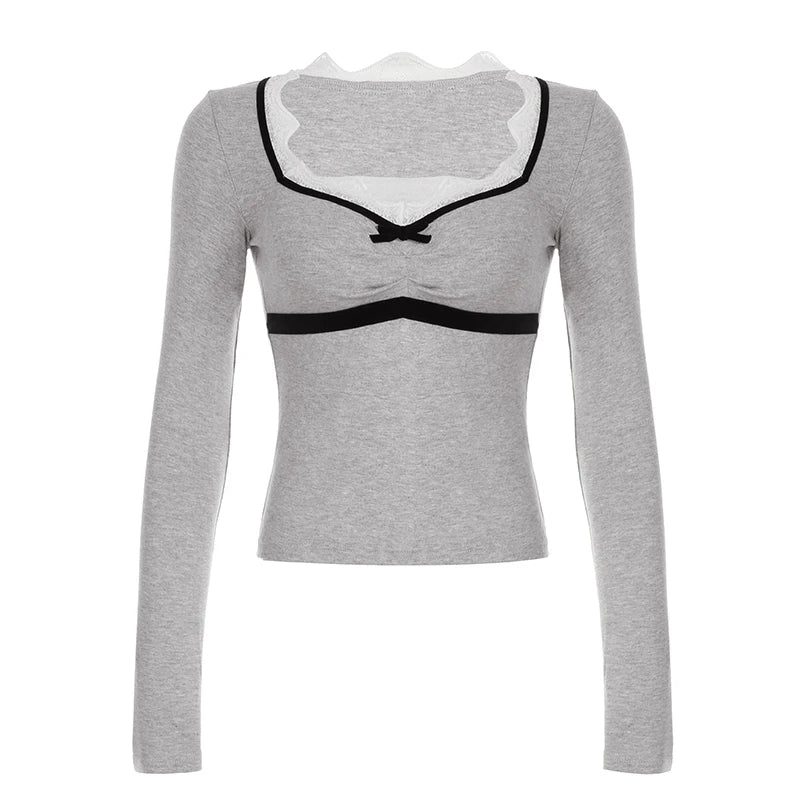Bow Lace Square Neck Patchwork Top