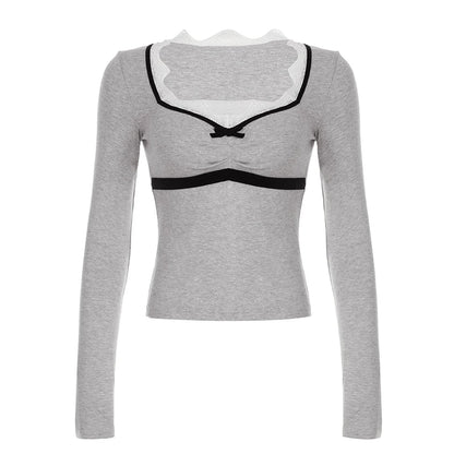 Bow Lace Square Neck Patchwork Top