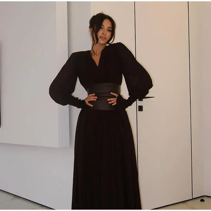 Elegant Waist-Cinch V-Neck Maxi Dress