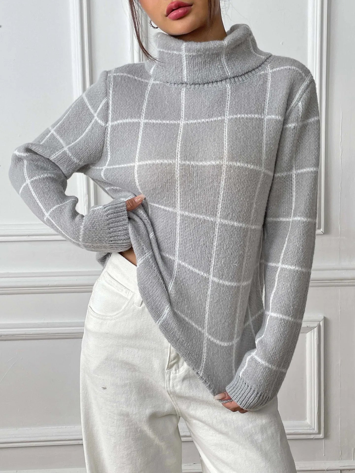 Plaid Muse Turtleneck Knit Sweater