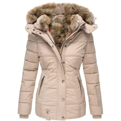 Autumn Winter Plush Lining Hooded Cotton Jacket