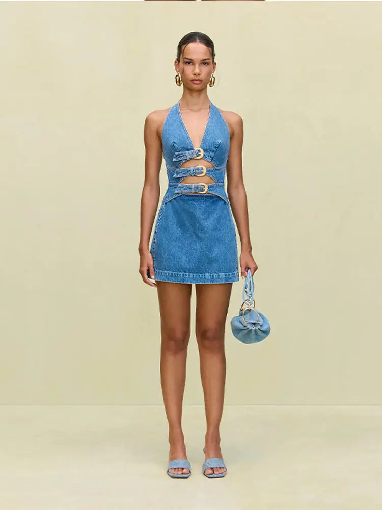 Ocean Glow Halter Denim Mini Dress