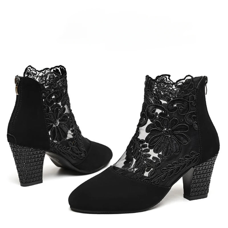 Lace Bloom Hollow Ankle Heels