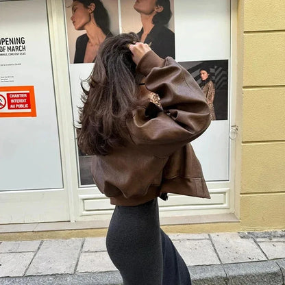 Vintage O-Neck Leather Jacket