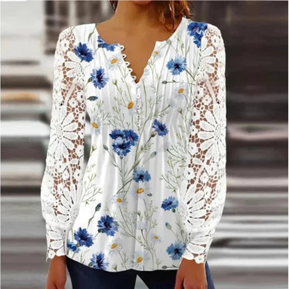 Sexy Lace V-Neck Pleated Blouse