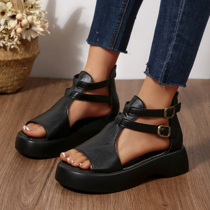 Retro Leather Wedge Sandals
