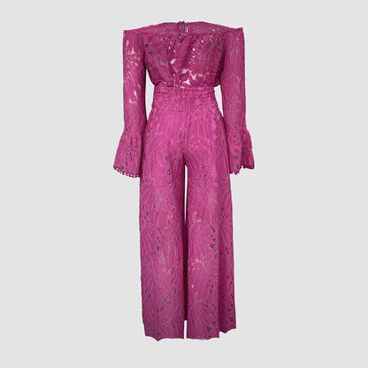 Off-the-Shoulder Bell Sleeve Top & Lace Wide-Leg Pants Set