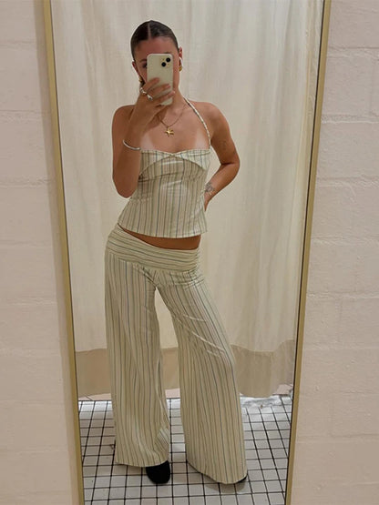 Striped Halter Lace-Up Beach Set