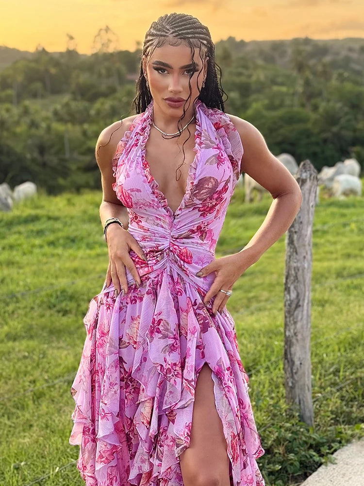 Rose Radiance Halter Slit Gown