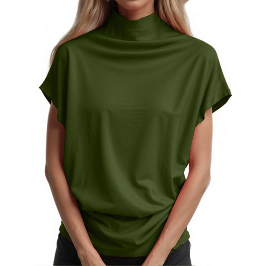 Soft Pleated Turtleneck Short Sleeve Top