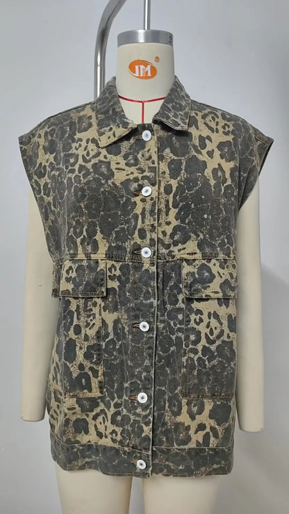 Leopard Denim Hooded Vest Jacket
