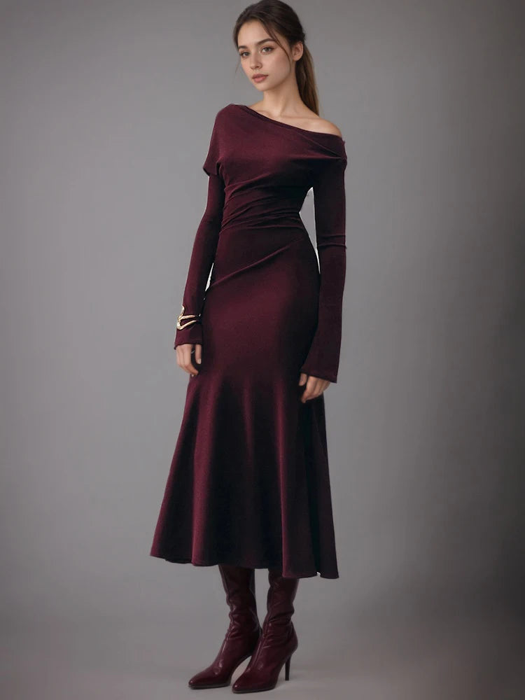 Crimson Drape One-Shoulder Knit Dress