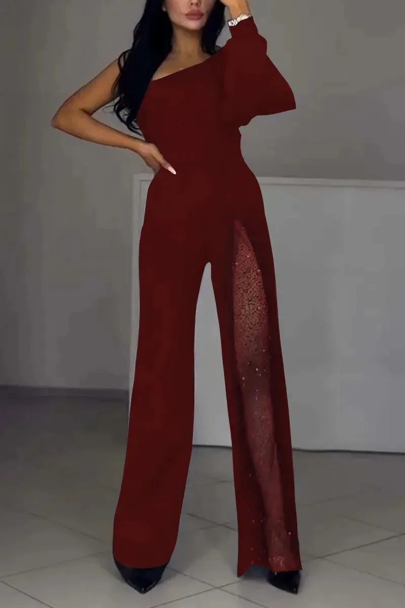Glam Split Sequin One Shoulder Jumpsuit