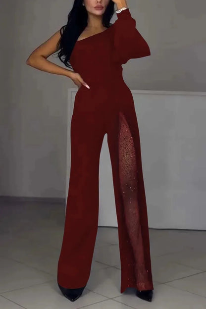 Glam Split Sequin One Shoulder Jumpsuit