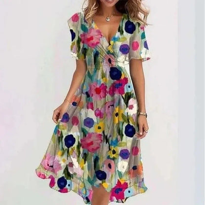 Printed V-Neck Knee Dress