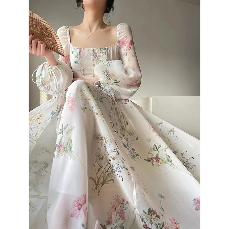 Vintage Square Neck Floral Dress
