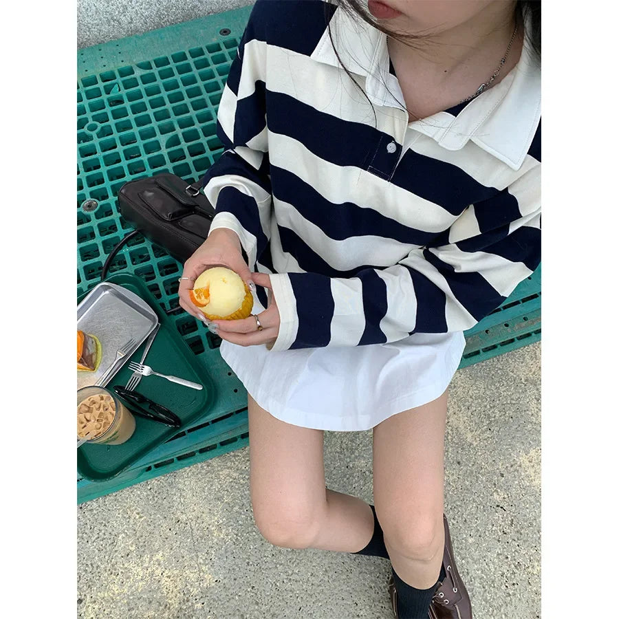 Loose Fit Striped Polo Sweatshirt